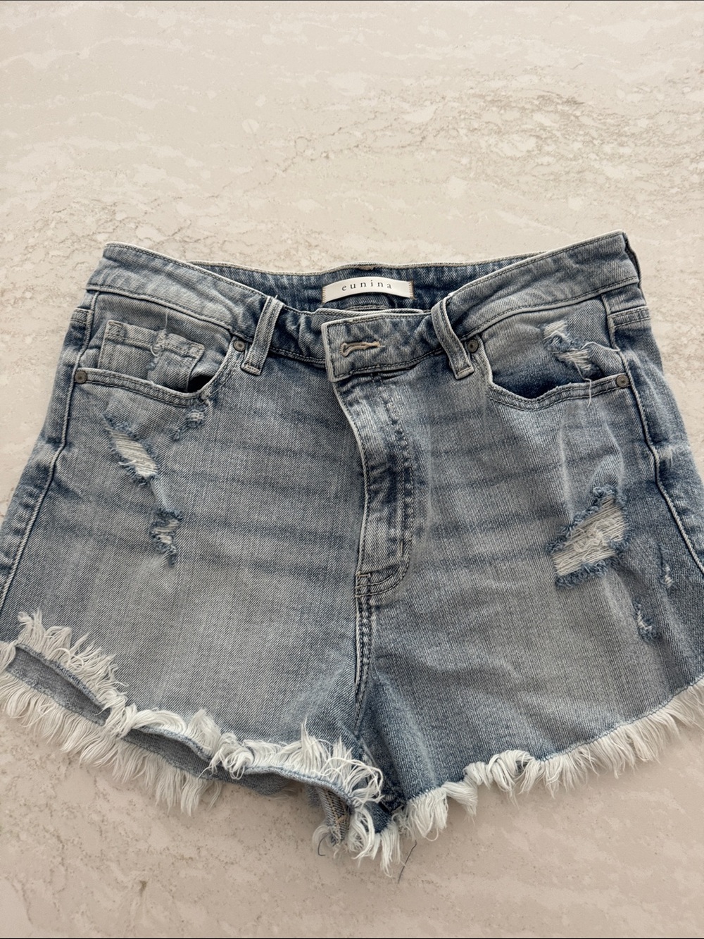 eunina Light Blue Distressed Frayed Hem Denim Shorts